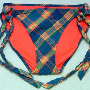 Victoria’s Secret Blue & Orange Plaid Seersucker String Bikini Bottom — Size XS